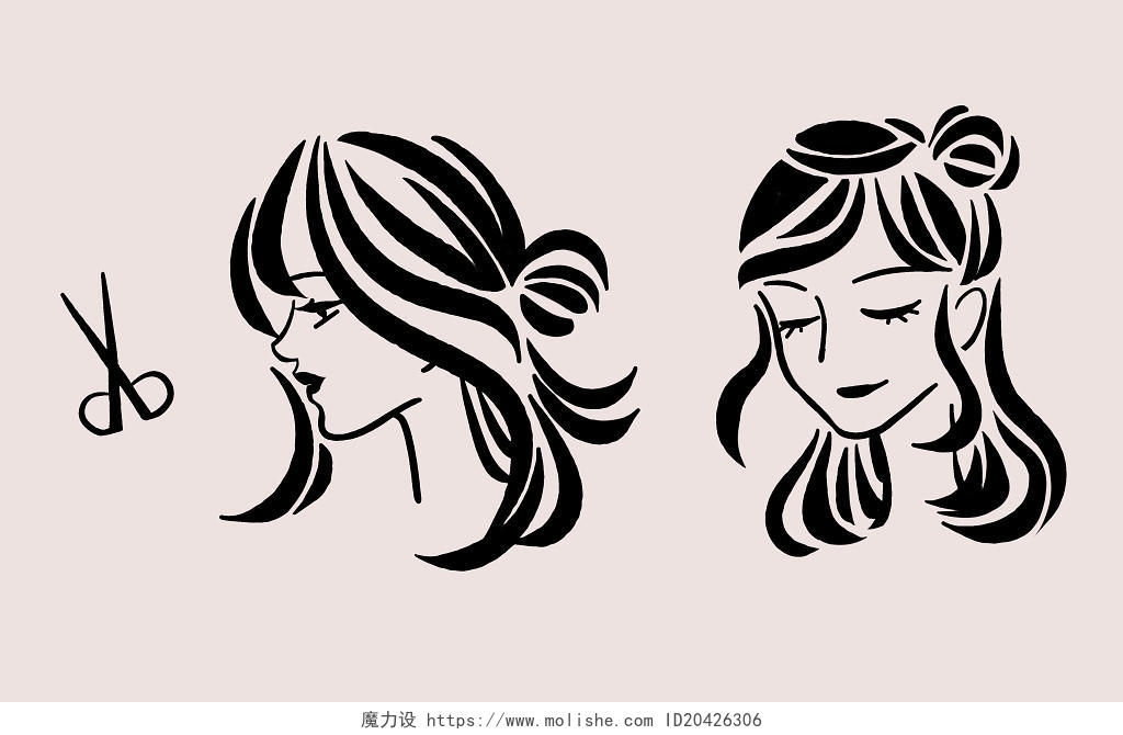 卡通手绘人物美女剪影造型发型美容美发理发店原创插画素材